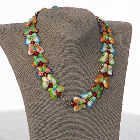 Jewelry - Sterling Cloisonné Enamel Butterfly Necklace Hand Painted EC